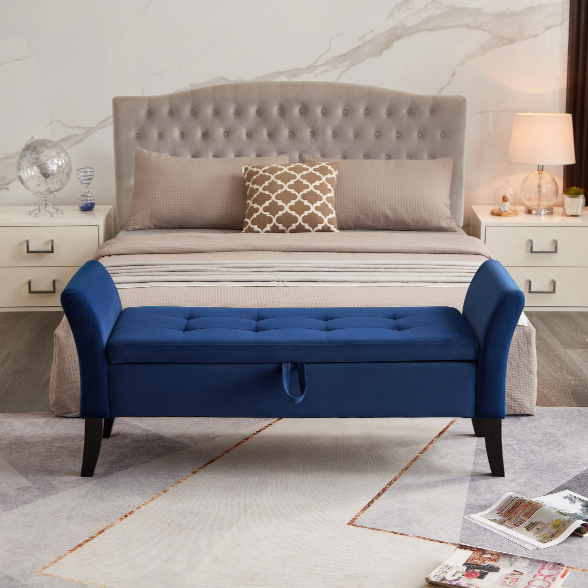 House of Hampton 51.5" Bed Bench With Storage Navy Blue Velvet